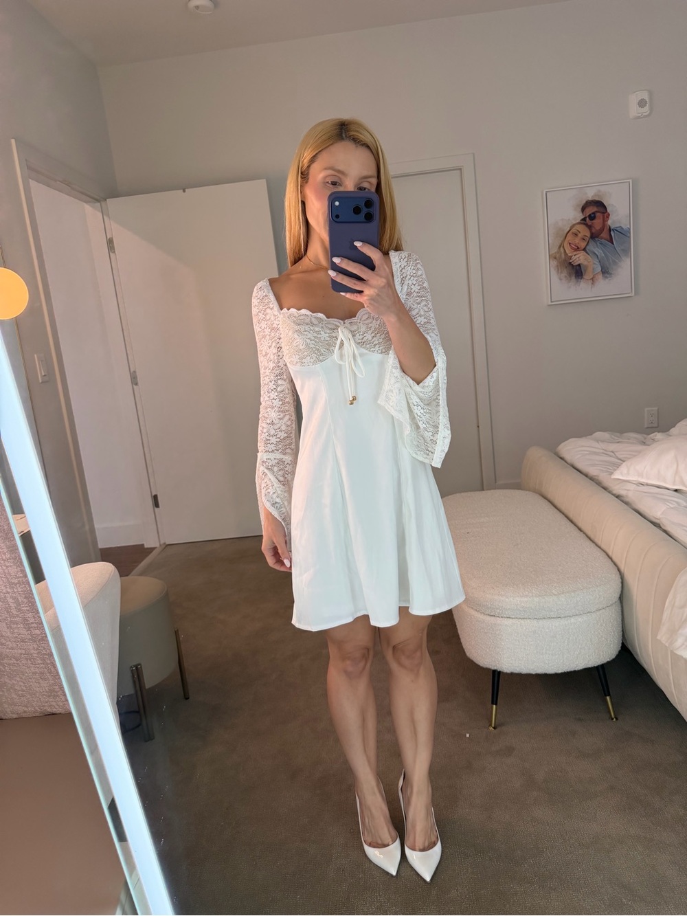 White Lace-Sleeve Mini Dress with Tie Front